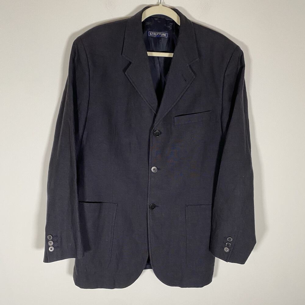 Structure Mens Linen Blazer‎ Sport Coat Size 38 Blue Unstructured Pockets